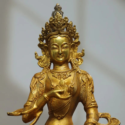 22cm Nepalese Tibetan Ornament Brass Gilded Manjushri Tara Bodhisattva Sitting Statue