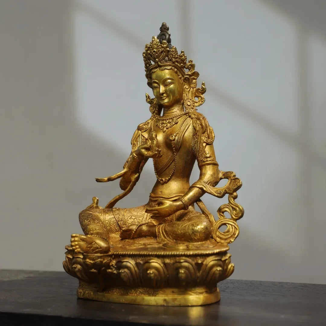22cm Nepalese Tibetan Ornament Brass Gilded Manjushri Tara Bodhisattva Sitting Statue