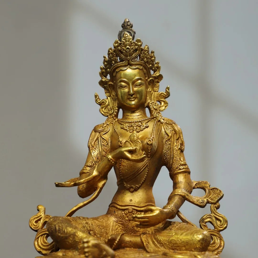 22cm Nepalese Tibetan Ornament Brass Gilded Manjushri Tara Bodhisattva Sitting Statue