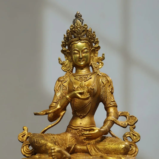 22cm Nepalese Tibetan Ornament Brass Gilded Manjushri Tara Bodhisattva Sitting Statue