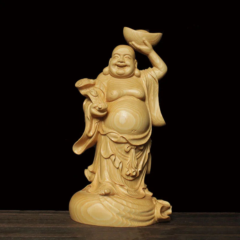 22cm Solid Wood Carving with Ingots and Big Belly Maitreya Buddha Statue Carved Buddha Statue Home Car Fortune Ornaments