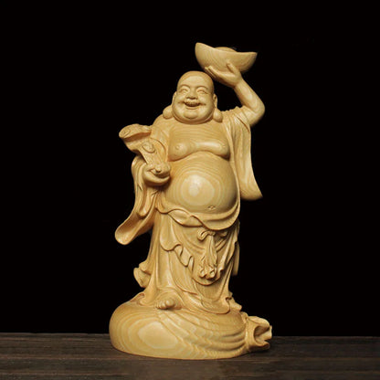 22cm Solid Wood Carving with Ingots and Big Belly Maitreya Buddha Statue Carved Buddha Statue Home Car Fortune Ornaments