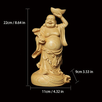 22cm Solid Wood Carving with Ingots and Big Belly Maitreya Buddha Statue Carved Buddha Statue Home Car Fortune Ornaments