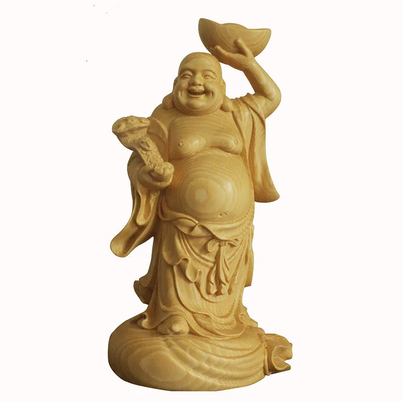 22cm Solid Wood Carving with Ingots and Big Belly Maitreya Buddha Statue Carved Buddha Statue Home Car Fortune Ornaments