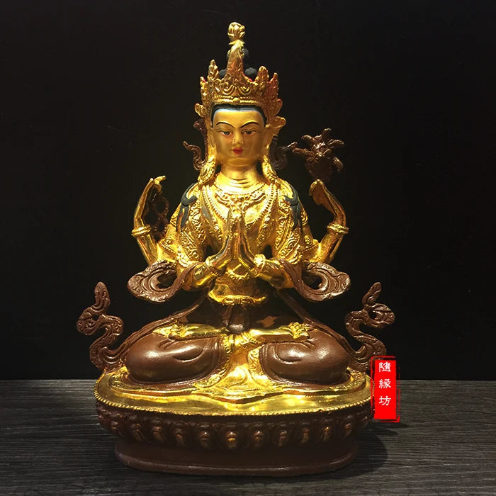 22cm--home family efficacious Protection Four-armed Avalokitesvara Bidhisattva brass Guanyin  Gold-plated Buddha  statue