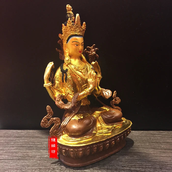 22cm--home family efficacious Protection Four-armed Avalokitesvara Bidhisattva brass Guanyin  Gold-plated Buddha  statue
