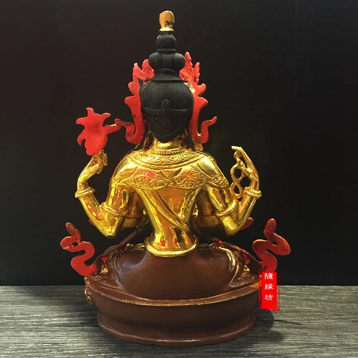 22cm--home family efficacious Protection Four-armed Avalokitesvara Bidhisattva brass Guanyin  Gold-plated Buddha  statue