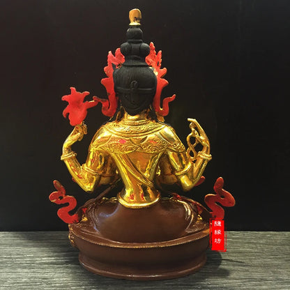 22cm--home family efficacious Protection Four-armed Avalokitesvara Bidhisattva brass Guanyin  Gold-plated Buddha  statue