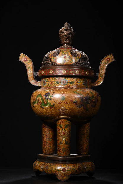 23"Tibetan Temple Collection Old Bronze Cloisonne Enamel Dragon Phoenix Pattern Dragon Statue Cover Incense burner Worship Hall