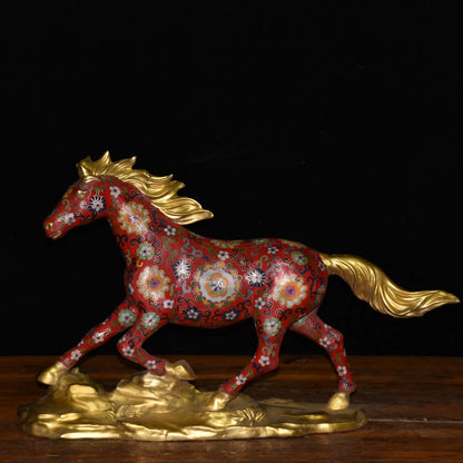 23"Tibetan Temple Collection Old Bronze Cloisonne Enamel Floral texture Horse Statue Amass wealth Ornaments Town House Exorcism