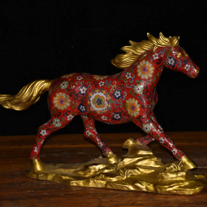23"Tibetan Temple Collection Old Bronze Cloisonne Enamel Floral texture Horse Statue Amass wealth Ornaments Town House Exorcism