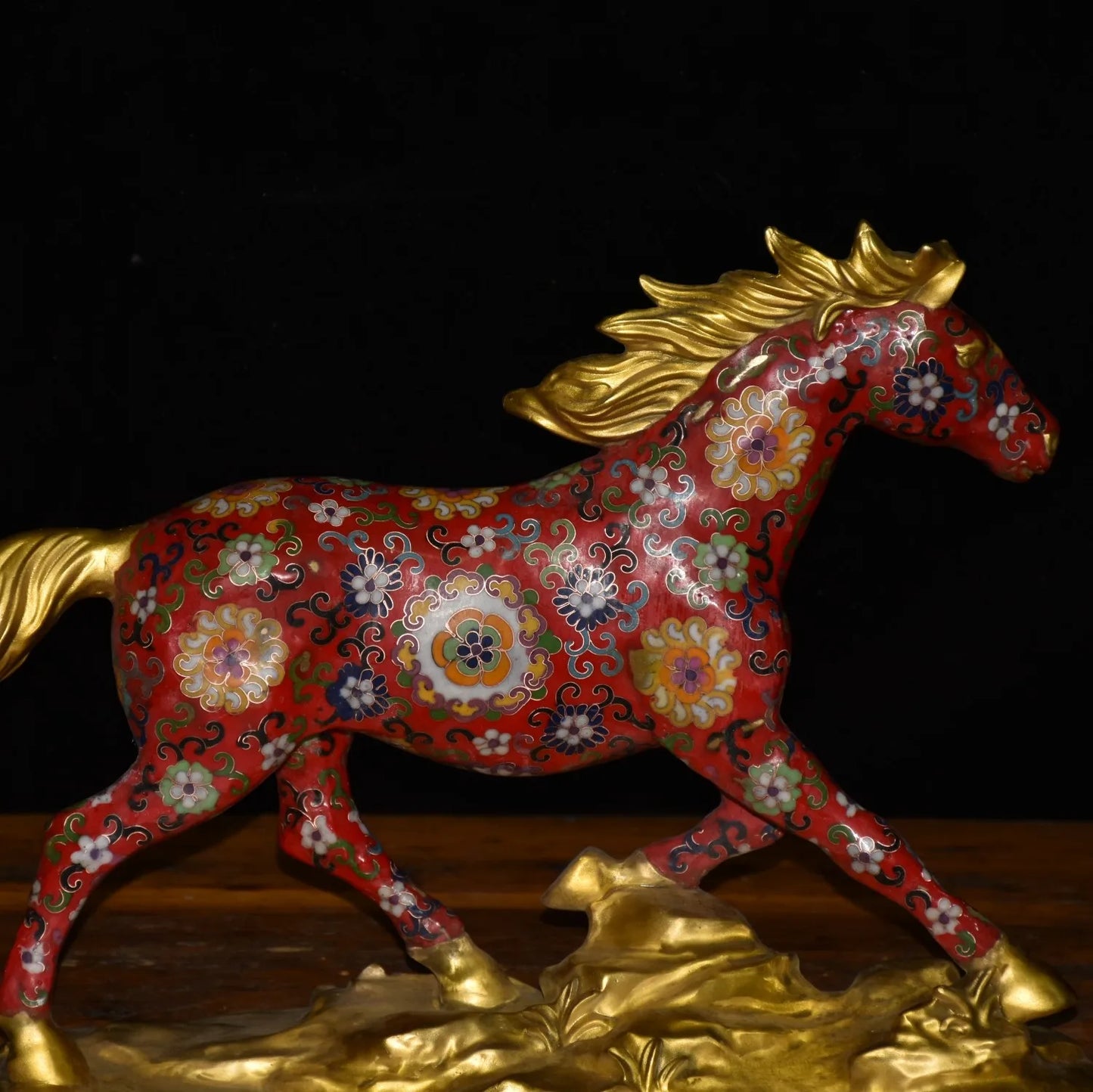 23"Tibetan Temple Collection Old Bronze Cloisonne Enamel Floral texture Horse Statue Amass wealth Ornaments Town House Exorcism