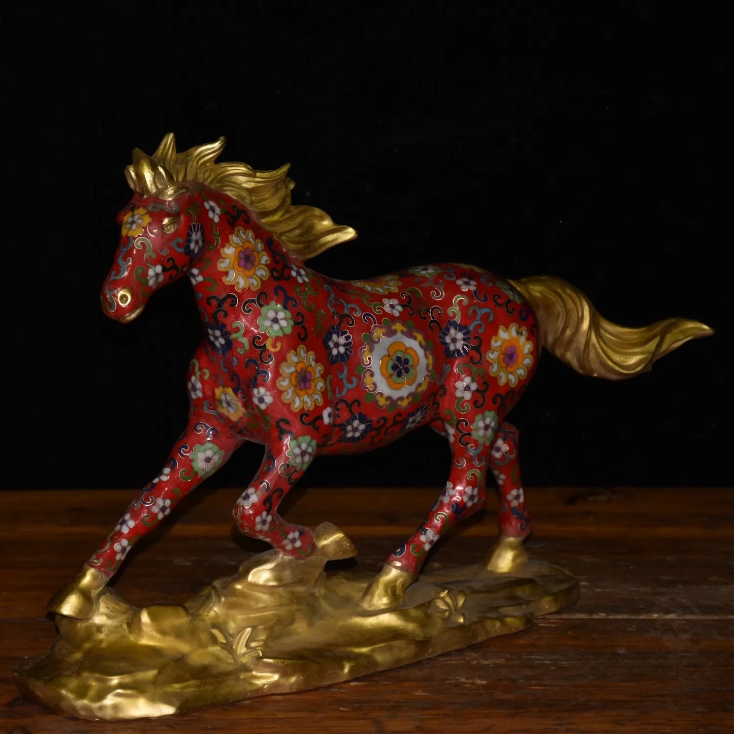 23"Tibetan Temple Collection Old Bronze Cloisonne Enamel Floral texture Horse Statue Amass wealth Ornaments Town House Exorcism