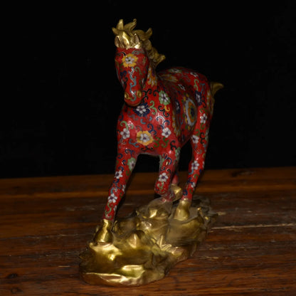 23"Tibetan Temple Collection Old Bronze Cloisonne Enamel Floral texture Horse Statue Amass wealth Ornaments Town House Exorcism