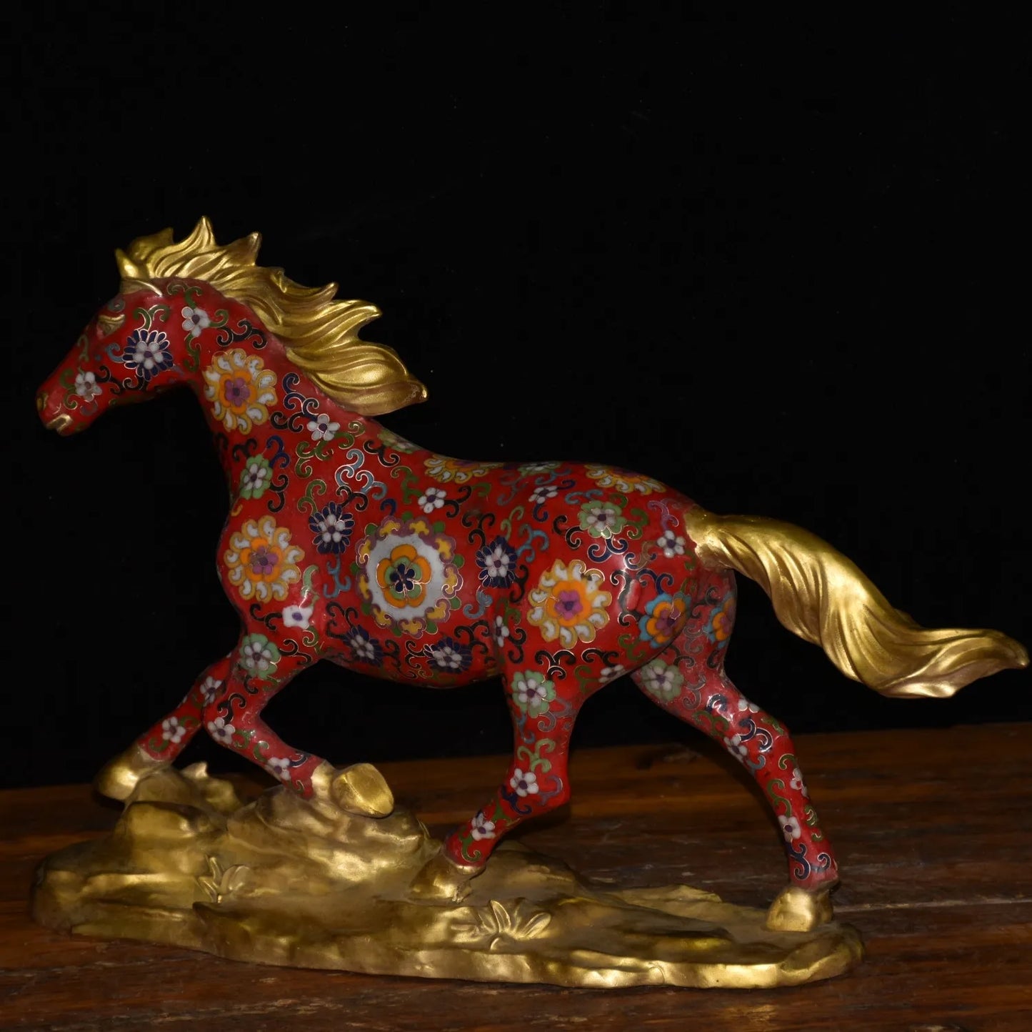 23"Tibetan Temple Collection Old Bronze Cloisonne Enamel Floral texture Horse Statue Amass wealth Ornaments Town House Exorcism