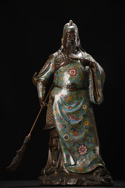 23"Tibetan Temple Collection Old Bronze Cloisonne Enamel Flower Texture Guan Gong Statue Sangharama Bodhisattva Worship Hall