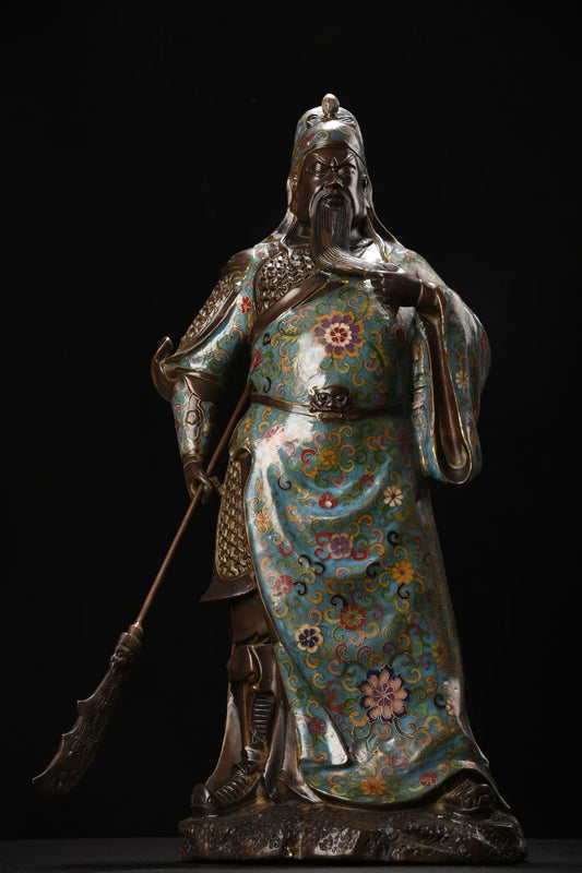 23"Tibetan Temple Collection Old Bronze Cloisonne Enamel Flower Texture Guan Gong Statue Sangharama Bodhisattva Worship Hall