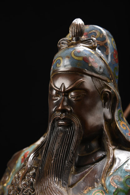 23"Tibetan Temple Collection Old Bronze Cloisonne Enamel Flower Texture Guan Gong Statue Sangharama Bodhisattva Worship Hall