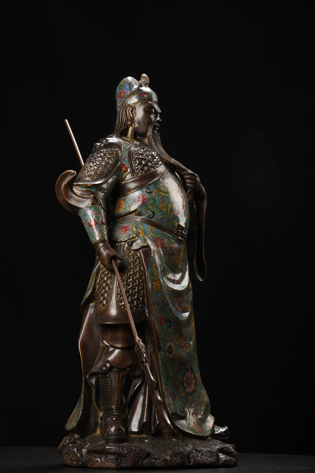 23"Tibetan Temple Collection Old Bronze Cloisonne Enamel Flower Texture Guan Gong Statue Sangharama Bodhisattva Worship Hall