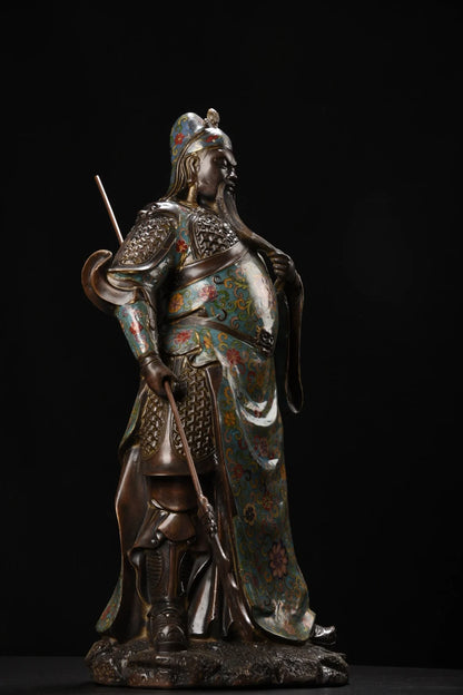 23"Tibetan Temple Collection Old Bronze Cloisonne Enamel Flower Texture Guan Gong Statue Sangharama Bodhisattva Worship Hall