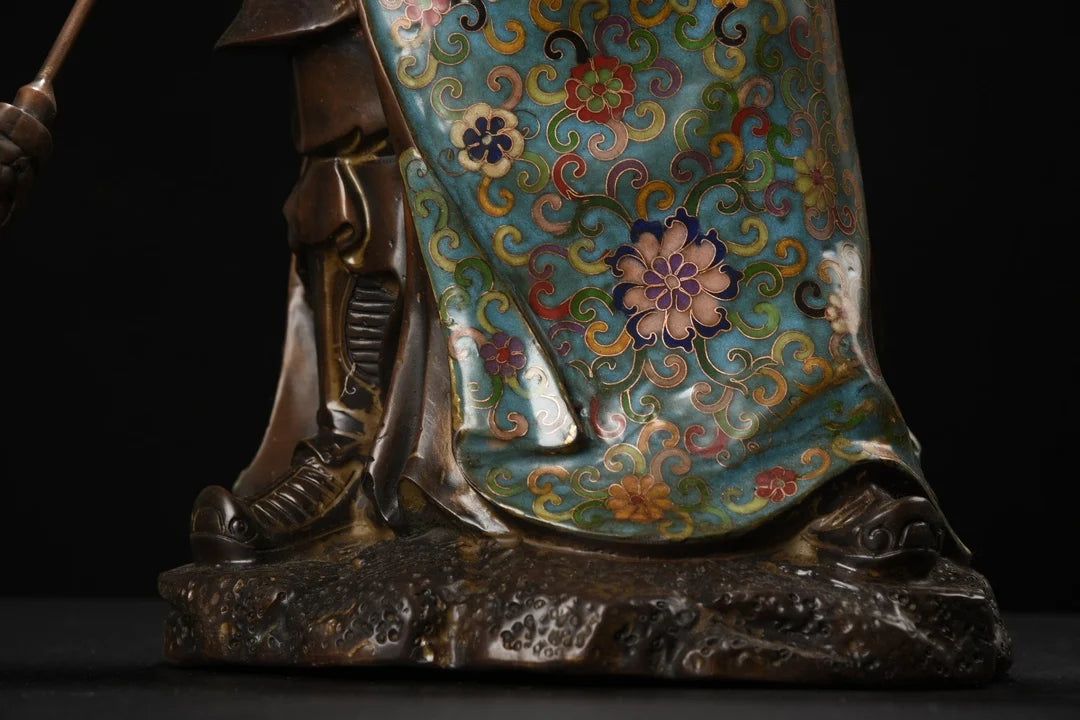 23"Tibetan Temple Collection Old Bronze Cloisonne Enamel Flower Texture Guan Gong Statue Sangharama Bodhisattva Worship Hall