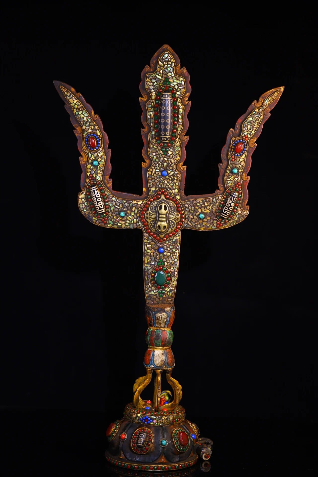 23"Tibetan Temple Collection Old Tiantie Painted Mosaic Gem gZi Beads Shell Fork shape Vajra Phurpa Base Worship Hall Town house
