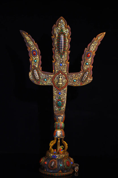 23"Tibetan Temple Collection Old Tiantie Painted Mosaic Gem gZi Beads Shell Fork shape Vajra Phurpa Base Worship Hall Town house