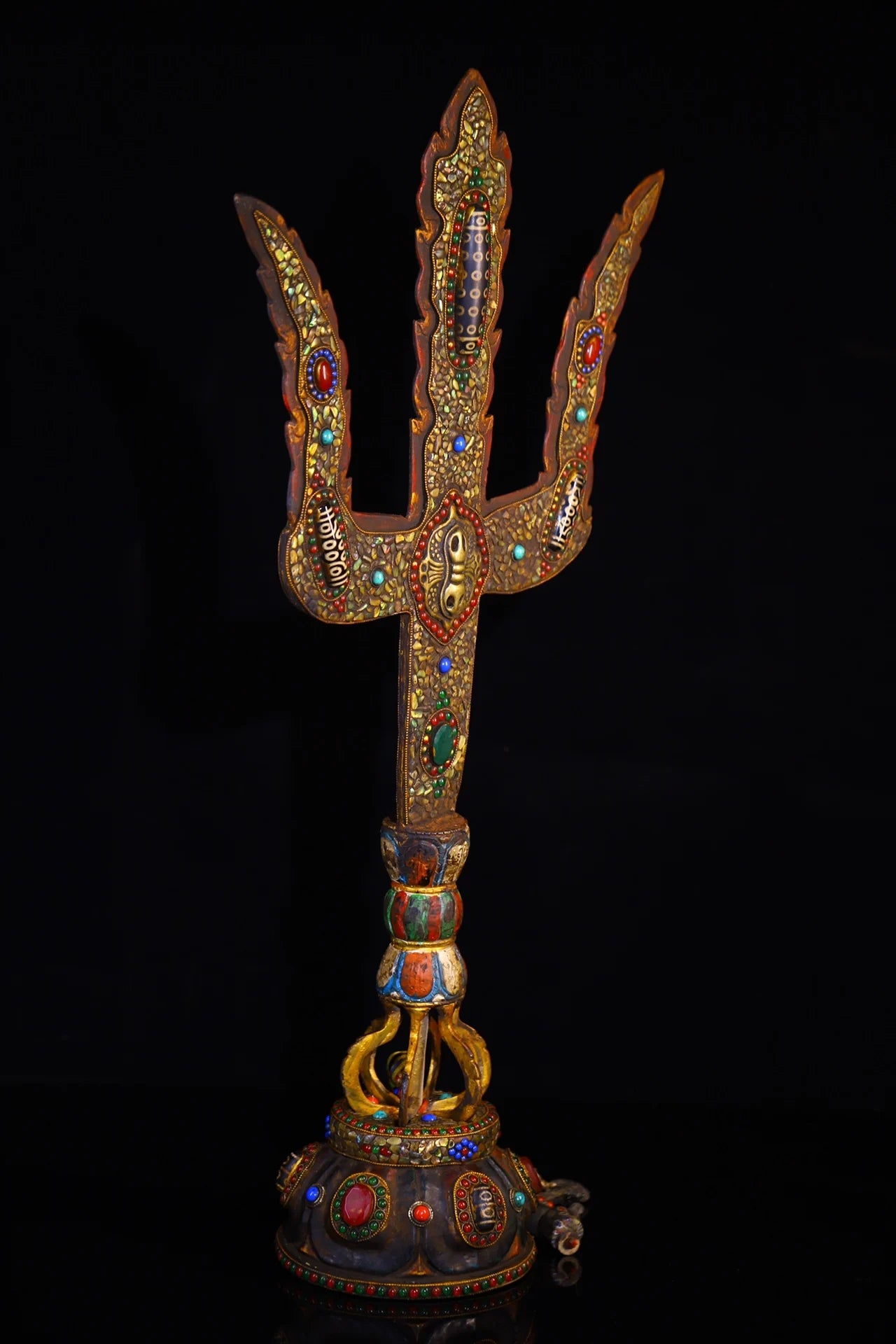 23"Tibetan Temple Collection Old Tiantie Painted Mosaic Gem gZi Beads Shell Fork shape Vajra Phurpa Base Worship Hall Town house