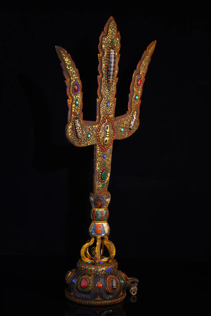 23"Tibetan Temple Collection Old Tiantie Painted Mosaic Gem gZi Beads Shell Fork shape Vajra Phurpa Base Worship Hall Town house