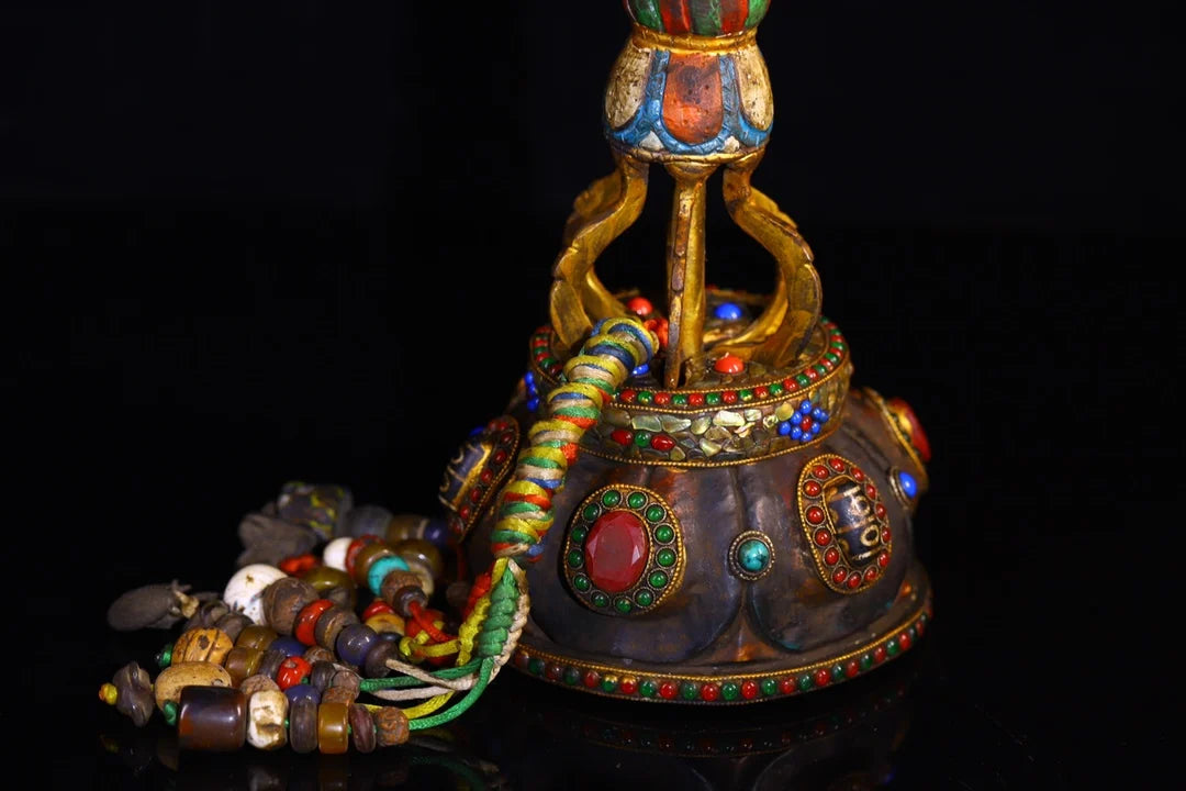 23"Tibetan Temple Collection Old Tiantie Painted Mosaic Gem gZi Beads Shell Fork shape Vajra Phurpa Base Worship Hall Town house