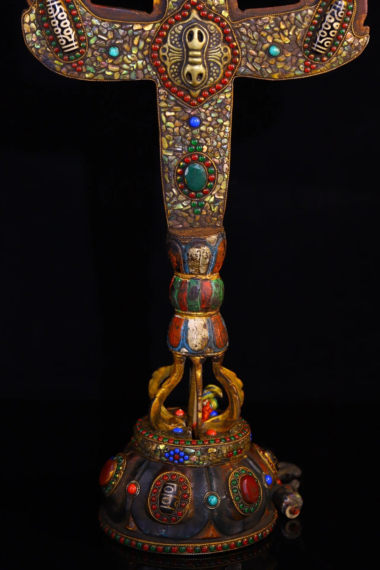23"Tibetan Temple Collection Old Tiantie Painted Mosaic Gem gZi Beads Shell Fork shape Vajra Phurpa Base Worship Hall Town house