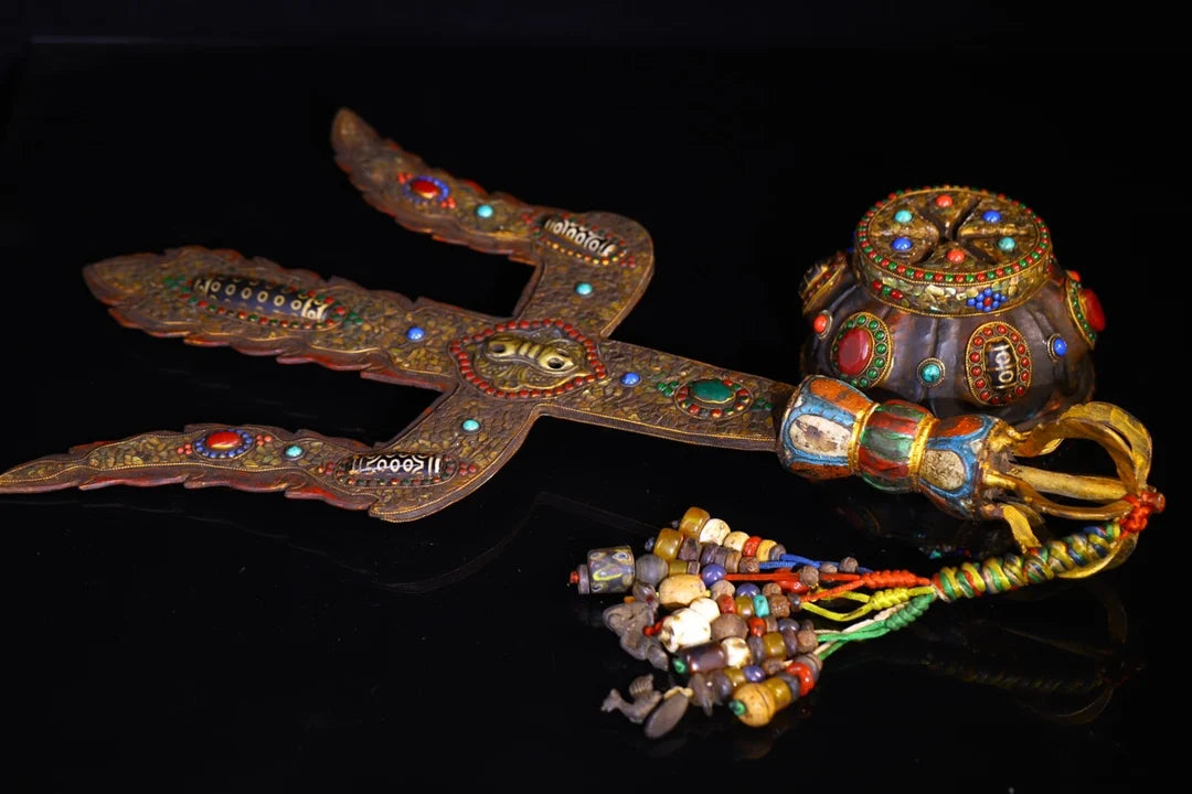 23"Tibetan Temple Collection Old Tiantie Painted Mosaic Gem gZi Beads Shell Fork shape Vajra Phurpa Base Worship Hall Town house