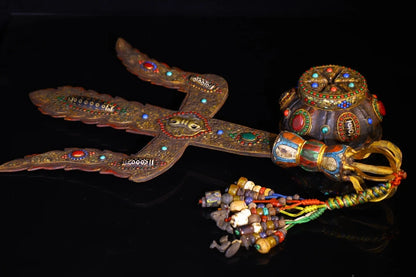 23"Tibetan Temple Collection Old Tiantie Painted Mosaic Gem gZi Beads Shell Fork shape Vajra Phurpa Base Worship Hall Town house