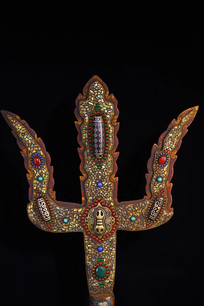 23"Tibetan Temple Collection Old Tiantie Painted Mosaic Gem gZi Beads Shell Fork shape Vajra Phurpa Base Worship Hall Town house