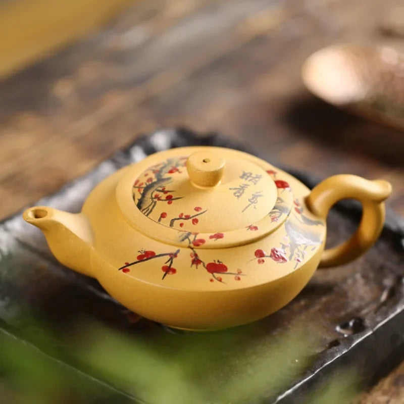230ML Yellow Purple Clay ZishaTeapot Handmade Chinese Plum Flower Yixing Kettle Puer Green Tea Set Kung Fu Zisha Teaware
