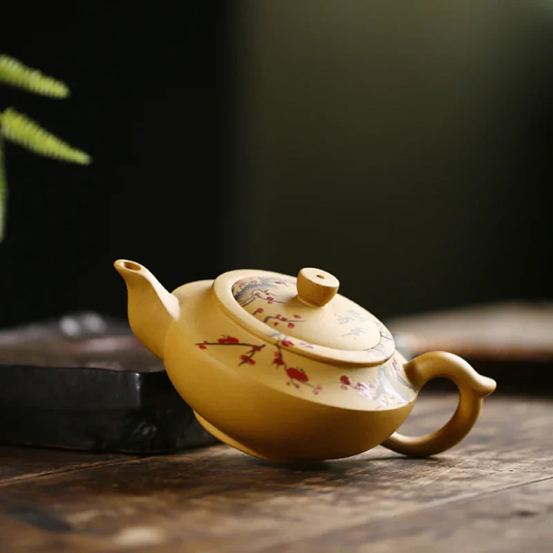230ML Yellow Purple Clay ZishaTeapot Handmade Chinese Plum Flower Yixing Kettle Puer Green Tea Set Kung Fu Zisha Teaware