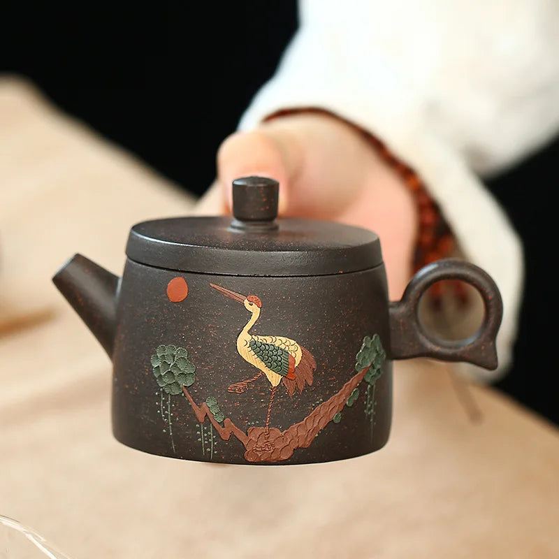 230ML Yixing Black Gold Sand Teapot Handcraft Tea Pot Traditional Filter Kettle Hand-painted Crane Pattern Meaning Good Luck