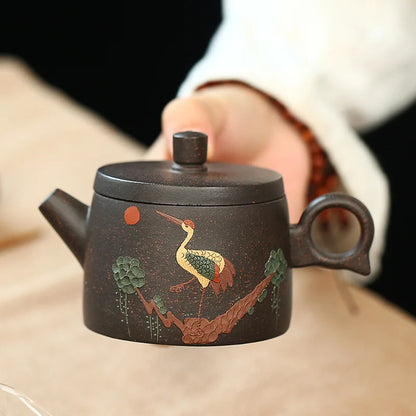 230ML Yixing Black Gold Sand Teapot Handcraft Tea Pot Traditional Filter Kettle Hand-painted Crane Pattern Meaning Good Luck