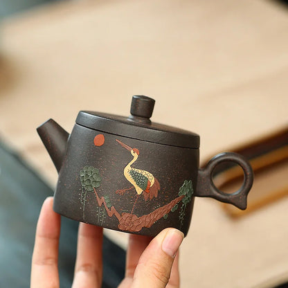 230ML Yixing Black Gold Sand Teapot Handcraft Tea Pot Traditional Filter Kettle Hand-painted Crane Pattern Meaning Good Luck
