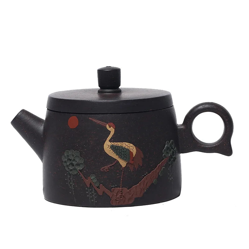 230ML Yixing Black Gold Sand Teapot Handcraft Tea Pot Traditional Filter Kettle Hand-painted Crane Pattern Meaning Good Luck