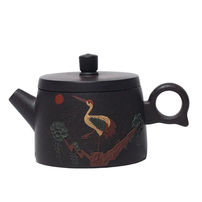 230ML Yixing Black Gold Sand Teapot Handcraft Tea Pot Traditional Filter Kettle Hand-painted Crane Pattern Meaning Good Luck