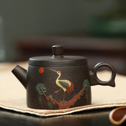 230ML Yixing Black Gold Sand Teapot Handcraft Tea Pot Traditional Filter Kettle Hand-painted Crane Pattern Meaning Good Luck