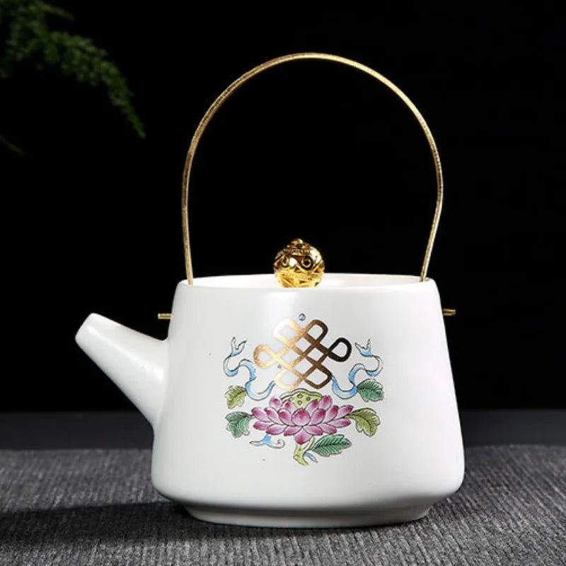 230ml Chinese Style Solid Color Printed Ceramic Matte Handle Teapot with Lid, Festive Party, Business Characteristic Gift