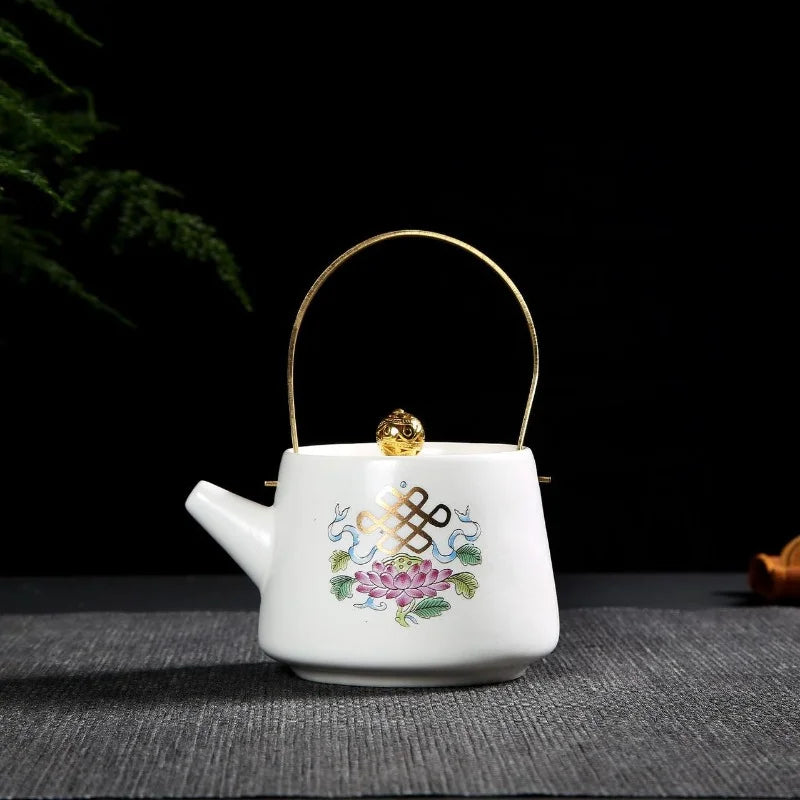 230ml Chinese Style Solid Color Printed Ceramic Matte Handle Teapot with Lid, Festive Party, Business Characteristic Gift