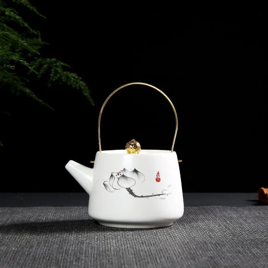 230ml Chinese Style Solid Color Printed Ceramic Matte Handle Teapot with Lid, Festive Party, Business Characteristic Gift