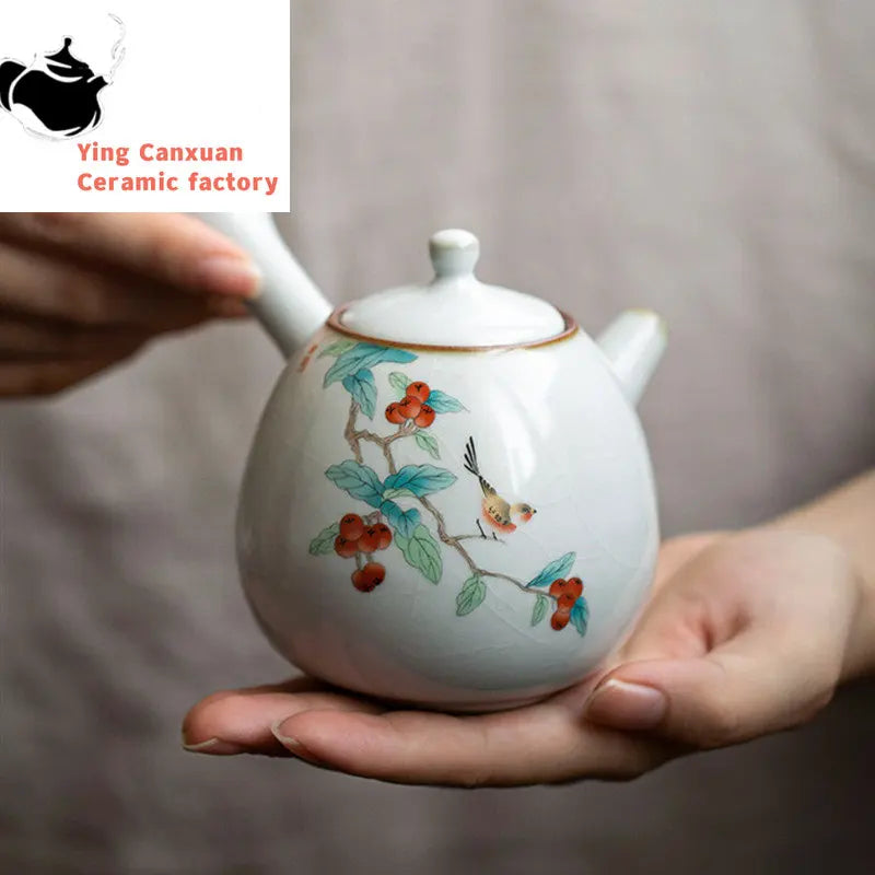 230ml Chinese Traditional Ru Kiln Ceramic Teapots Handmade Flower and Bird Pattern Side Handle Tea Pot Portable Kettle Tea Set