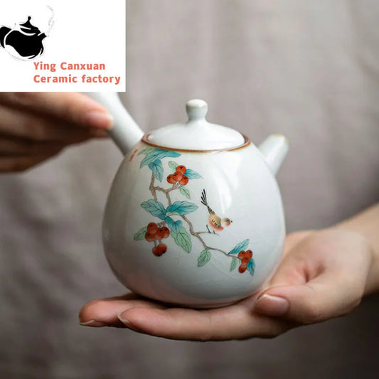 230ml Chinese Traditional Ru Kiln Ceramic Teapots Handmade Flower and Bird Pattern Side Handle Tea Pot Portable Kettle Tea Set