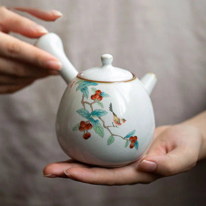 230ml Chinese Traditional Ru Kiln Ceramic Teapots Handmade Flower and Bird Pattern Side Handle Tea Pot Portable Kettle Tea Set
