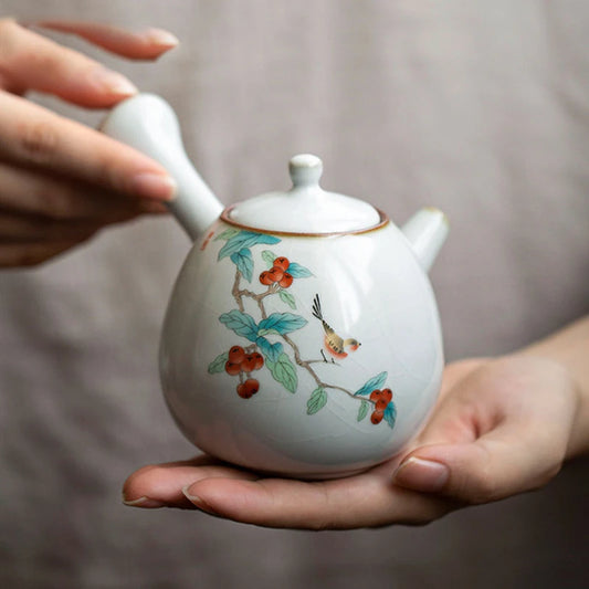 230ml Chinese Traditional Ru Kiln Ceramic Teapots Handmade Flower and Bird Pattern Side Handle Tea Pot Portable Kettle Tea Set