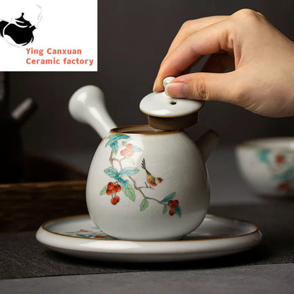 230ml Chinese Traditional Ru Kiln Ceramic Teapots Handmade Flower and Bird Pattern Side Handle Tea Pot Portable Kettle Tea Set